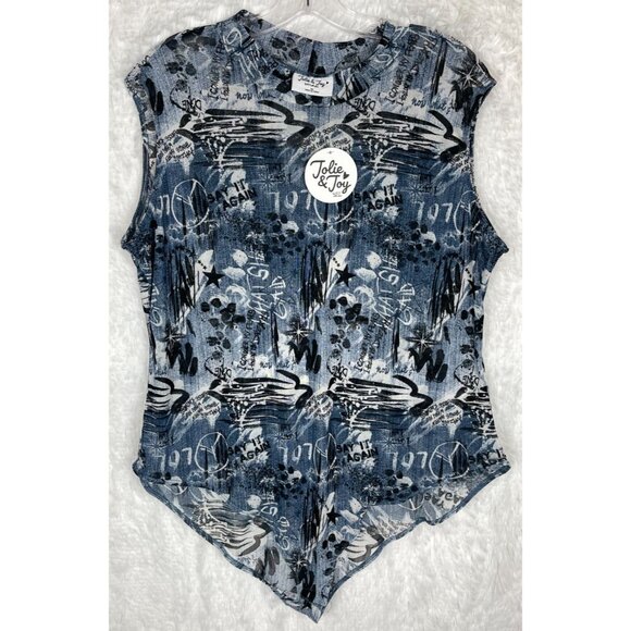 NWT Jolie & Joy 3X Sheer Bodysuit Snap Crotch Stretch Graffiti Print Blue White - Picture 1 of 8